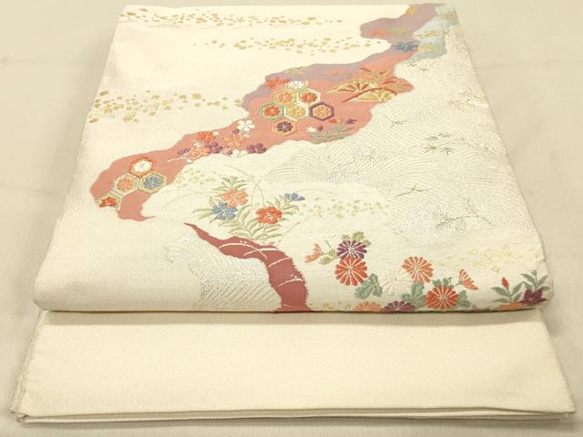 平和屋着物◎綴れ 太鼓柄袋帯 清麗秋草歌仙文 金銀糸 正絹 逸品 DAAZ3579jm