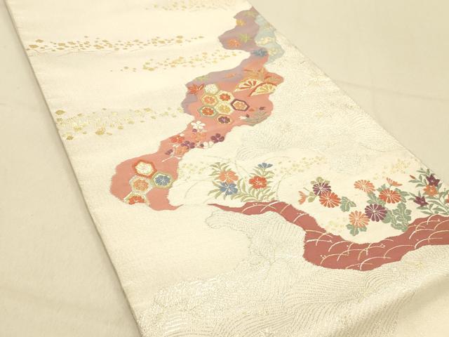 平和屋着物◎綴れ 太鼓柄袋帯 清麗秋草歌仙文 金銀糸 正絹 逸品 DAAZ3579jm