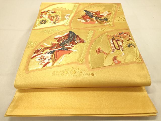 平和屋着物◎太鼓柄袋帯　扇面女人文　金糸　正絹　逸品　DAAZ3606jm