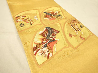 平和屋着物◎太鼓柄袋帯　扇面女人文　金糸　正絹　逸品　DAAZ3606jm