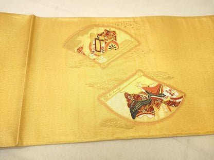 平和屋着物◎太鼓柄袋帯　扇面女人文　金糸　正絹　逸品　DAAZ3606jm