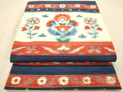 平和屋着物◎六通柄袋帯　紬地　横段更紗花文　正絹　逸品　DAAZ3609jm