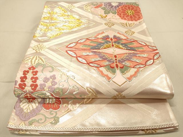 平和屋着物◎六通柄袋帯　唐織　天井花蝶菱文　金銀糸　正絹　逸品　DAAZ3614jm