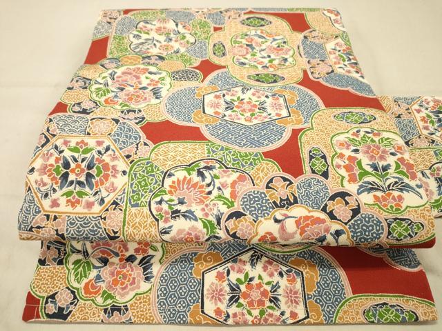 平和屋着物◎九寸名古屋帯 型染め 絵皿花文 鬼しぼ