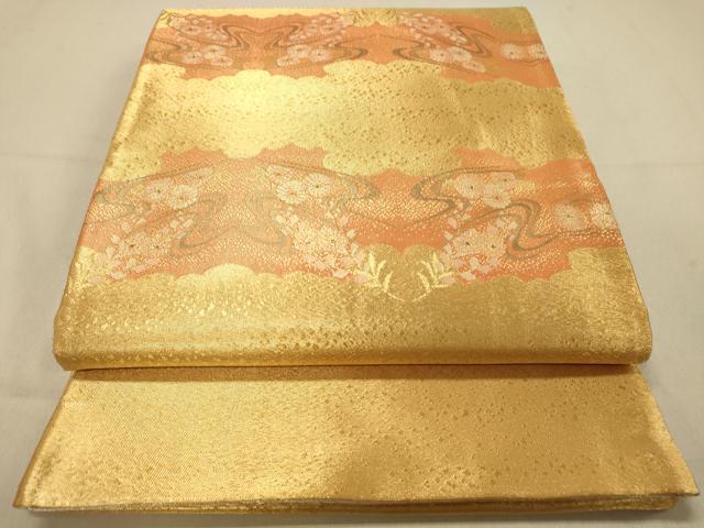 平和屋着物◎佐賀錦　両面　全通柄袋帯　雲取流水草花文　金糸　正絹　逸品　DAAZ3625jm