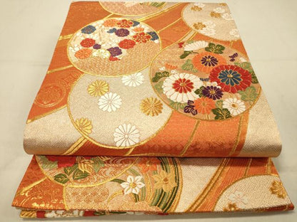 平和屋着物◎六通柄袋帯　唐織　吉祥花丸文　金糸　正絹　逸品　DAAZ3629jm