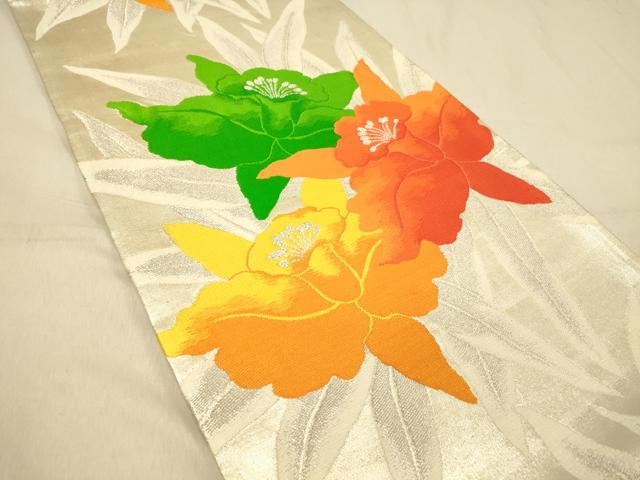 平和屋着物◎六通柄袋帯　草花文　銀糸　正絹　逸品　DAAZ3630jm
