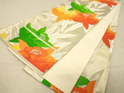 平和屋着物◎六通柄袋帯　草花文　銀糸　正絹　逸品　DAAZ3630jm