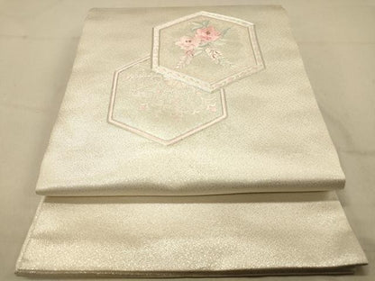 平和屋着物◎九寸開き名古屋帯　駒刺繍　総刺繍　亀甲草花文　金銀糸　正絹　逸品　DAAZ3642jm