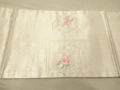 平和屋着物◎九寸開き名古屋帯　駒刺繍　総刺繍　亀甲草花文　金銀糸　正絹　逸品　DAAZ3642jm