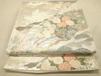 平和屋着物◎西陣　六通柄袋帯　唐織　王朝絵巻　プラチナ純銀箔二重織　証紙付き　正絹　逸品　DAAZ3646jm