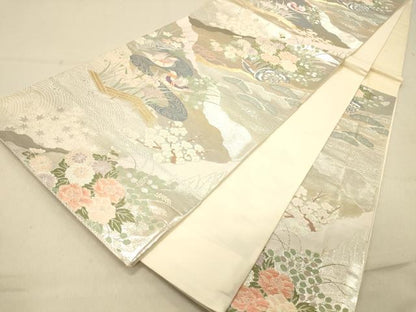 平和屋着物◎西陣　六通柄袋帯　唐織　王朝絵巻　プラチナ純銀箔二重織　証紙付き　正絹　逸品　DAAZ3646jm
