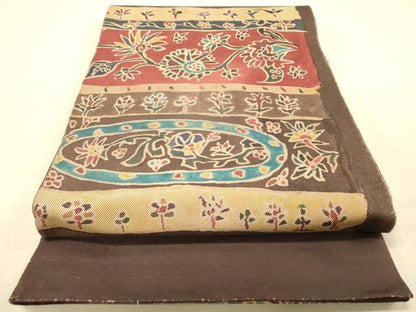 平和屋着物◎太鼓柄袋帯　横段草花文　正絹　逸品　DAAZ3661jm