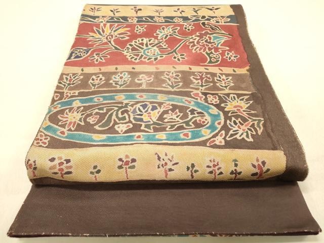 平和屋着物◎太鼓柄袋帯　横段草花文　正絹　逸品　DAAZ3661jm