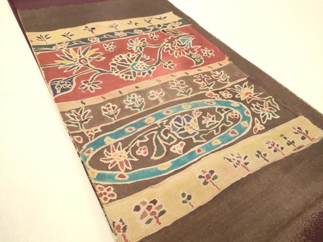平和屋着物◎太鼓柄袋帯　横段草花文　正絹　逸品　DAAZ3661jm