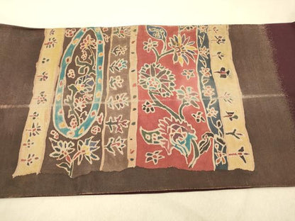 平和屋着物◎太鼓柄袋帯　横段草花文　正絹　逸品　DAAZ3661jm