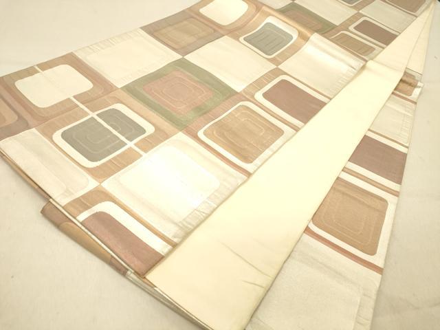 平和屋着物◎六通柄袋帯　市松幾何学文　銀糸　引箔　正絹　逸品　DAAZ3667jm