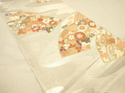 平和屋着物◎六通柄袋帯　唐織　流水地紙吉祥花文　金銀糸　正絹　逸品　DAAZ3687jm