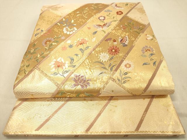 平和屋着物◎六通柄袋帯　吉祥花蝶文　金糸　正絹　逸品　DAAZ3694jm