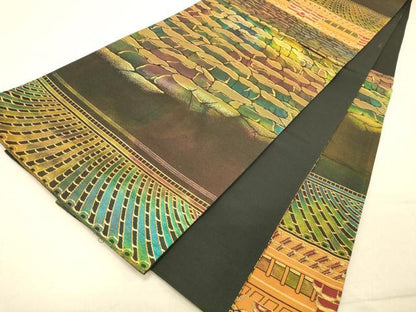 平和屋着物◎六通柄袋帯　風景文　黒地　金糸　正絹　逸品　DAAZ3699jm