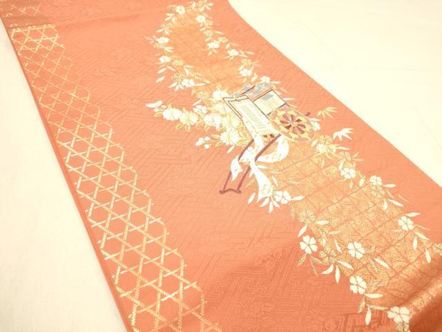 平和屋着物◎六通柄京袋帯　駒刺繍　御所車花文　藤花房　金糸　正絹　逸品　DAAZ3743jm