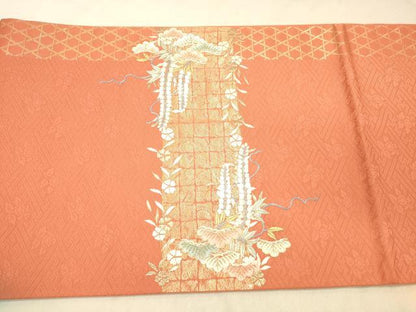 平和屋着物◎六通柄京袋帯　駒刺繍　御所車花文　藤花房　金糸　正絹　逸品　DAAZ3743jm
