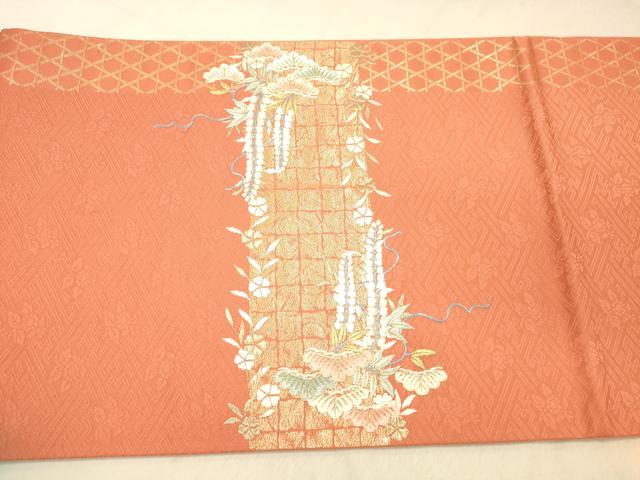 平和屋着物◎六通柄京袋帯　駒刺繍　御所車花文　藤花房　金糸　正絹　逸品　DAAZ3743jm