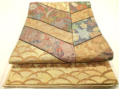 平和屋着物◎六通柄袋帯　ふくれ織り　切嵌　吉祥花文　金銀糸　正絹　逸品　DAAZ3748jm