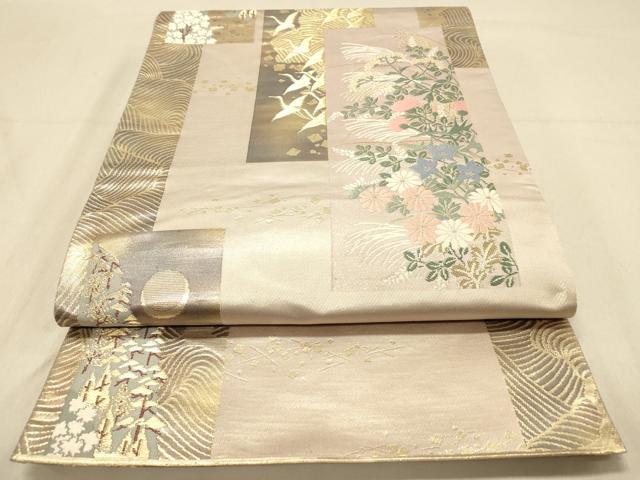 平和屋着物◎六通柄袋帯　短冊飛鶴秋草文　満月　金糸　正絹　逸品　DAAZ3756jm