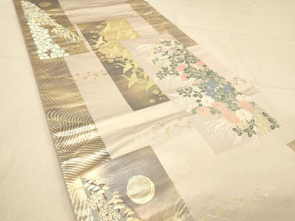 平和屋着物◎六通柄袋帯　短冊飛鶴秋草文　満月　金糸　正絹　逸品　DAAZ3756jm