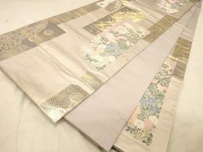 平和屋着物◎六通柄袋帯　短冊飛鶴秋草文　満月　金糸　正絹　逸品　DAAZ3756jm