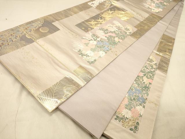 平和屋着物◎六通柄袋帯　短冊飛鶴秋草文　満月　金糸　正絹　逸品　DAAZ3756jm