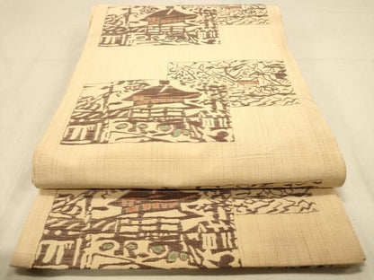 平和屋着物◎六通柄袋帯　紬地　色紙重ね風景文　正絹　逸品　DAAZ3764jm