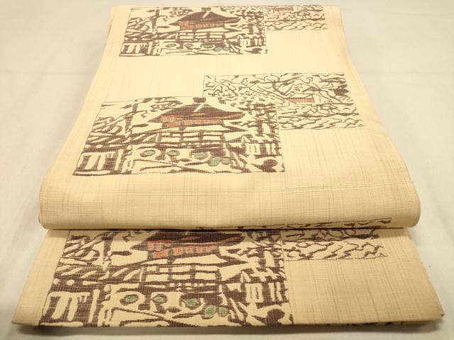 平和屋着物◎六通柄袋帯　紬地　色紙重ね風景文　正絹　逸品　DAAZ3764jm