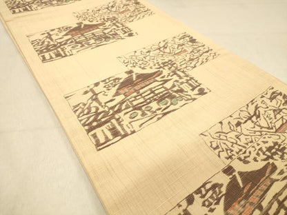 平和屋着物◎六通柄袋帯　紬地　色紙重ね風景文　正絹　逸品　DAAZ3764jm