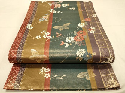 平和屋着物◎六通柄袋帯　唐織　花蝶間道　金糸　正絹　逸品　DAAZ3825jm