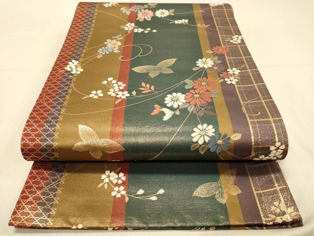 平和屋着物◎六通柄袋帯　唐織　花蝶間道　金糸　正絹　逸品　DAAZ3825jm