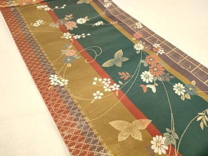 平和屋着物◎六通柄袋帯　唐織　花蝶間道　金糸　正絹　逸品　DAAZ3825jm
