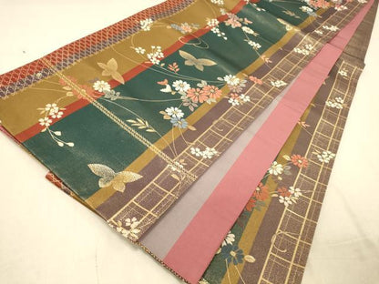 平和屋着物◎六通柄袋帯　唐織　花蝶間道　金糸　正絹　逸品　DAAZ3825jm