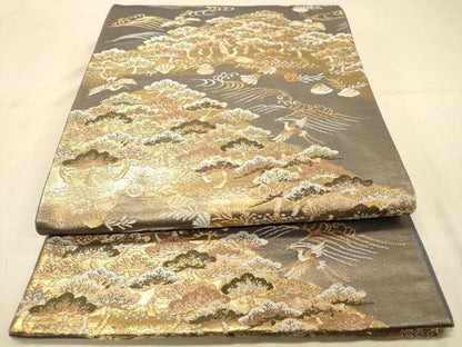平和屋着物◎六通柄袋帯　風景飛鶴松文　金糸　正絹　逸品　DAAZ3833jm