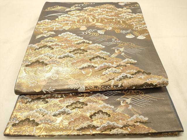 平和屋着物◎六通柄袋帯　風景飛鶴松文　金糸　正絹　逸品　DAAZ3833jm