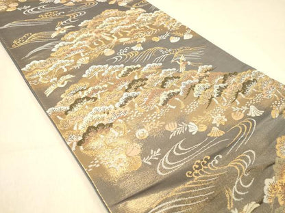平和屋着物◎六通柄袋帯　風景飛鶴松文　金糸　正絹　逸品　DAAZ3833jm