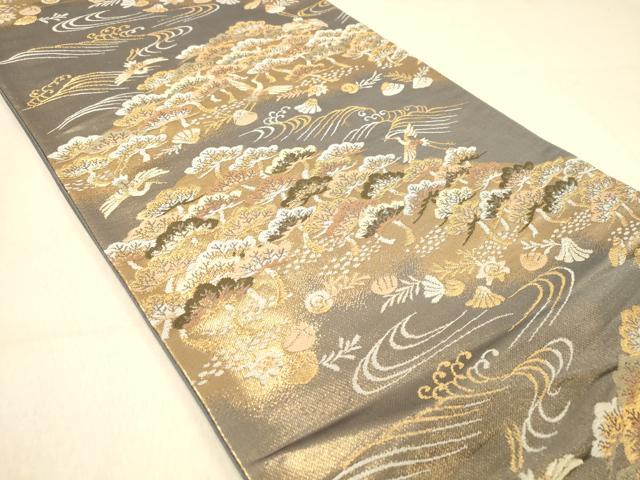 平和屋着物◎六通柄袋帯　風景飛鶴松文　金糸　正絹　逸品　DAAZ3833jm
