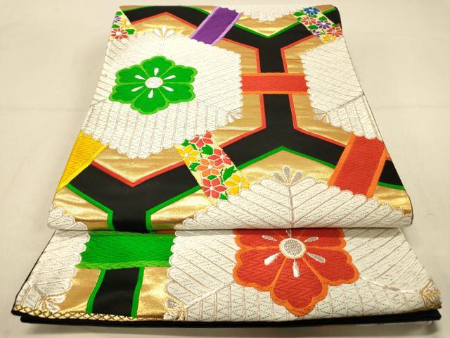 平和屋着物◎六通柄袋帯 唐織 亀甲繋ぎ花文 黒地 金銀糸 正絹 逸品 DAAZ3839jm