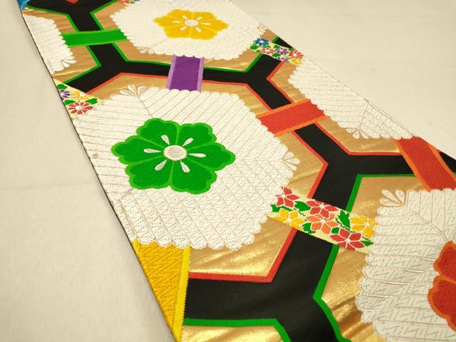 平和屋着物◎六通柄袋帯 唐織 亀甲繋ぎ花文 黒地 金銀糸 正絹 逸品 DAAZ3839jm