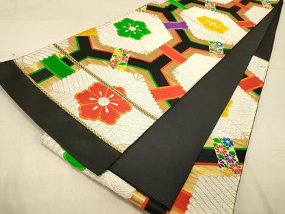 平和屋着物◎六通柄袋帯 唐織 亀甲繋ぎ花文 黒地 金銀糸 正絹 逸品 DAAZ3839jm