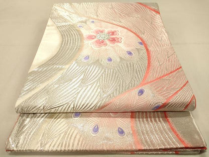 平和屋着物◎六通柄袋帯 唐織 孔雀羽花文 銀糸 正絹 逸品 DAAZ3840jm