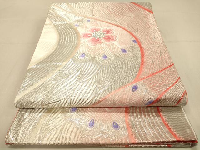平和屋着物◎六通柄袋帯 唐織 孔雀羽花文 銀糸 正絹 逸品 DAAZ3840jm