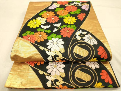 平和屋着物◎六通柄袋帯　絵巻枝菊文　黒地　金糸　正絹　逸品　DAAZ3875jm