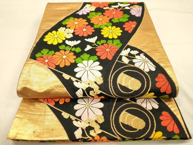平和屋着物◎六通柄袋帯　絵巻枝菊文　黒地　金糸　正絹　逸品　DAAZ3875jm